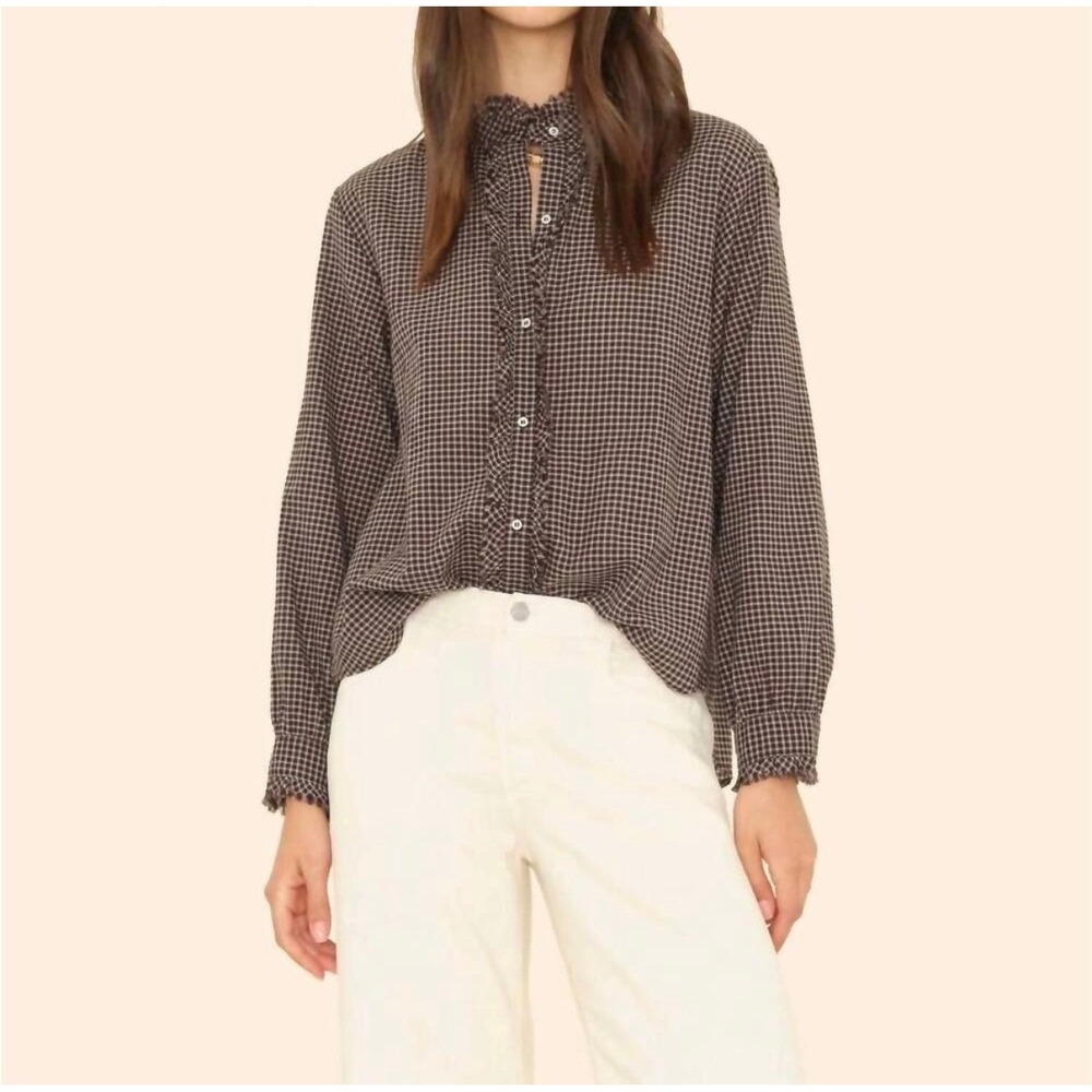 Xirena Amelie Shirt Button Down Top Brown Gingham Ruffle Raw Hem - Medium